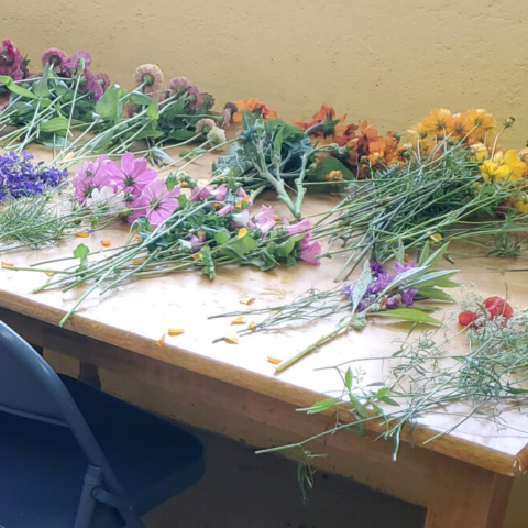 Processing flowers at a table in the farm store